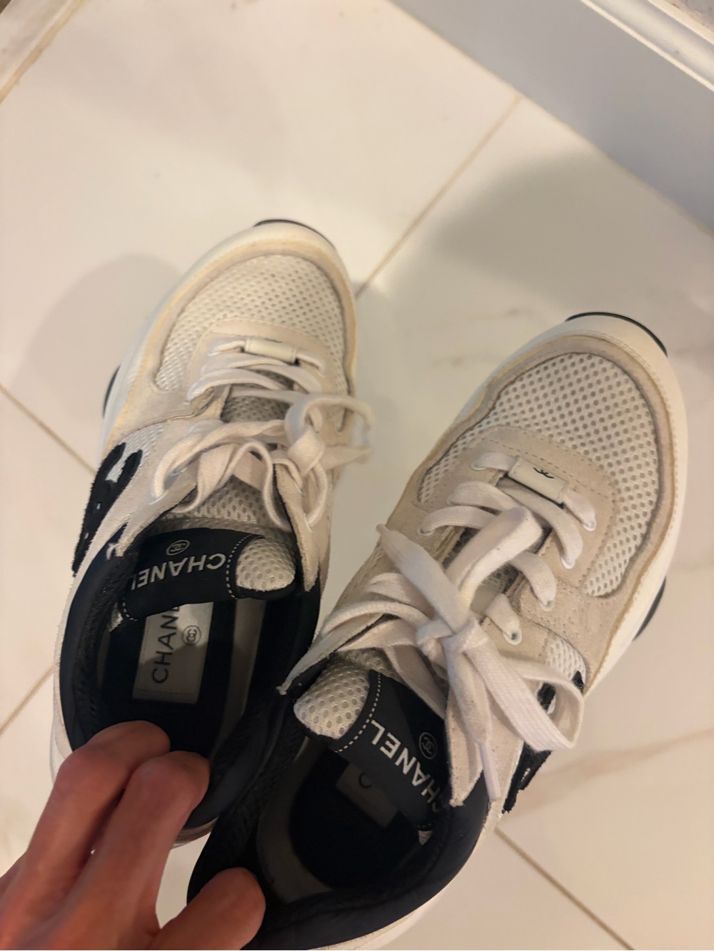 CHANEL Cream & Black Logo Chunky Sneakers - Picture 2 of 9